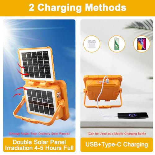 100W Double Solar Portable Work Light, 288 LEDs Rechargeable FloodLights Outdoor with Stand, 4 Light Modes, 12000mAH 10000LM Power Bank Waterproof Spotlight for Repairing, Emergency, Camping