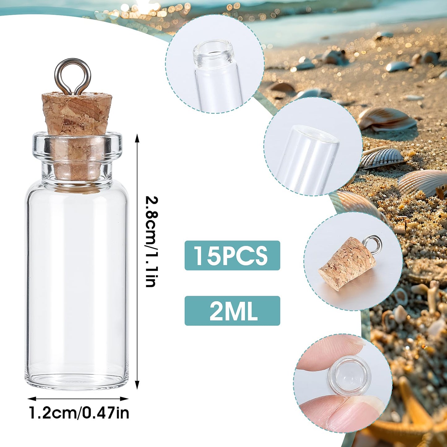 15 Pack Small Glass Bottles with Cork, 2 ml Tiny Glass Jars with Lids - Mini Glass Bottles for DIY Crafts, Wedding, Halloween, Christmas Decoration