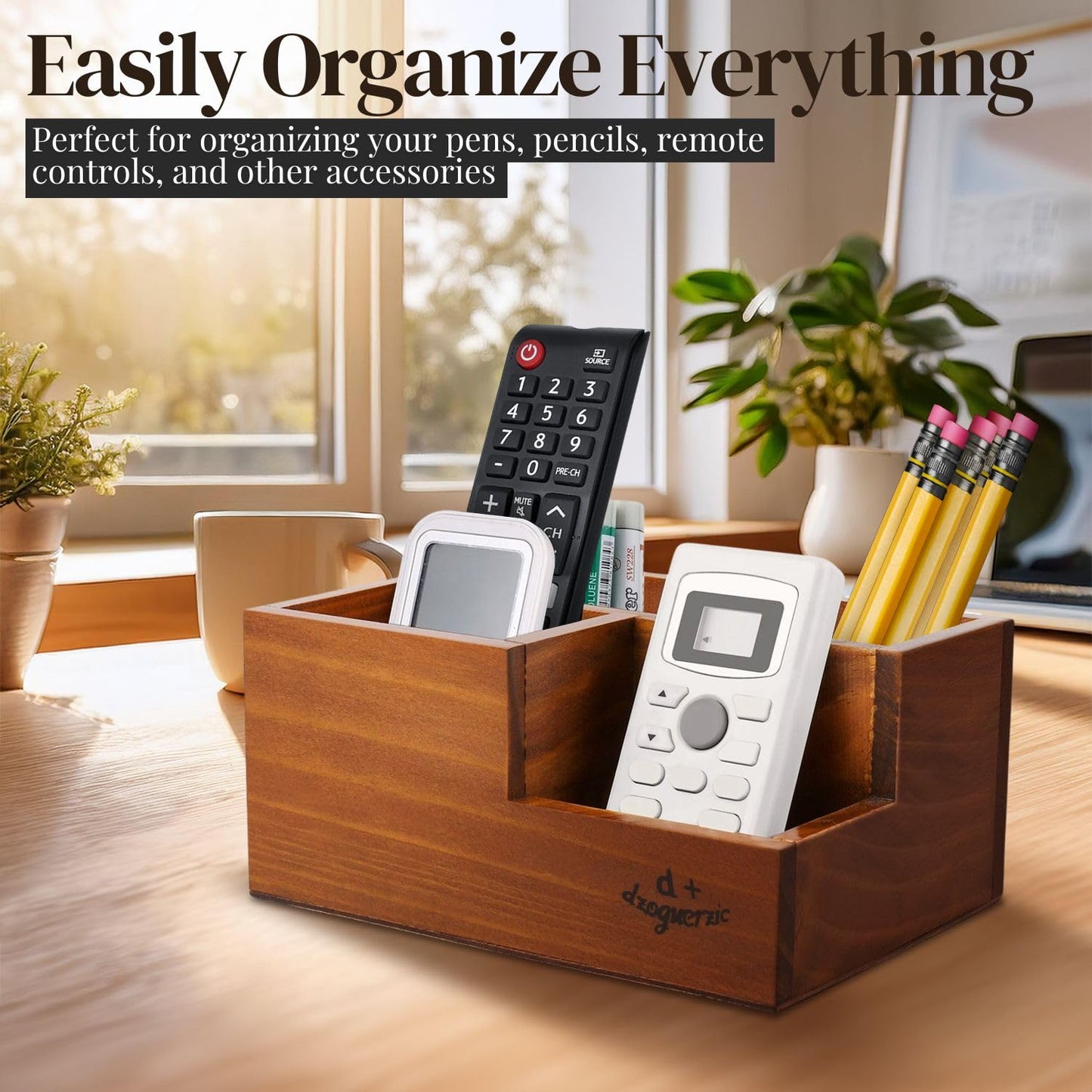 Flexzion Rustic Wooden Pencil Holder for Office - 3 Slots - Desk and Table Storage Organizer - Multifunctional Remote Control Holder for Home, School and Office