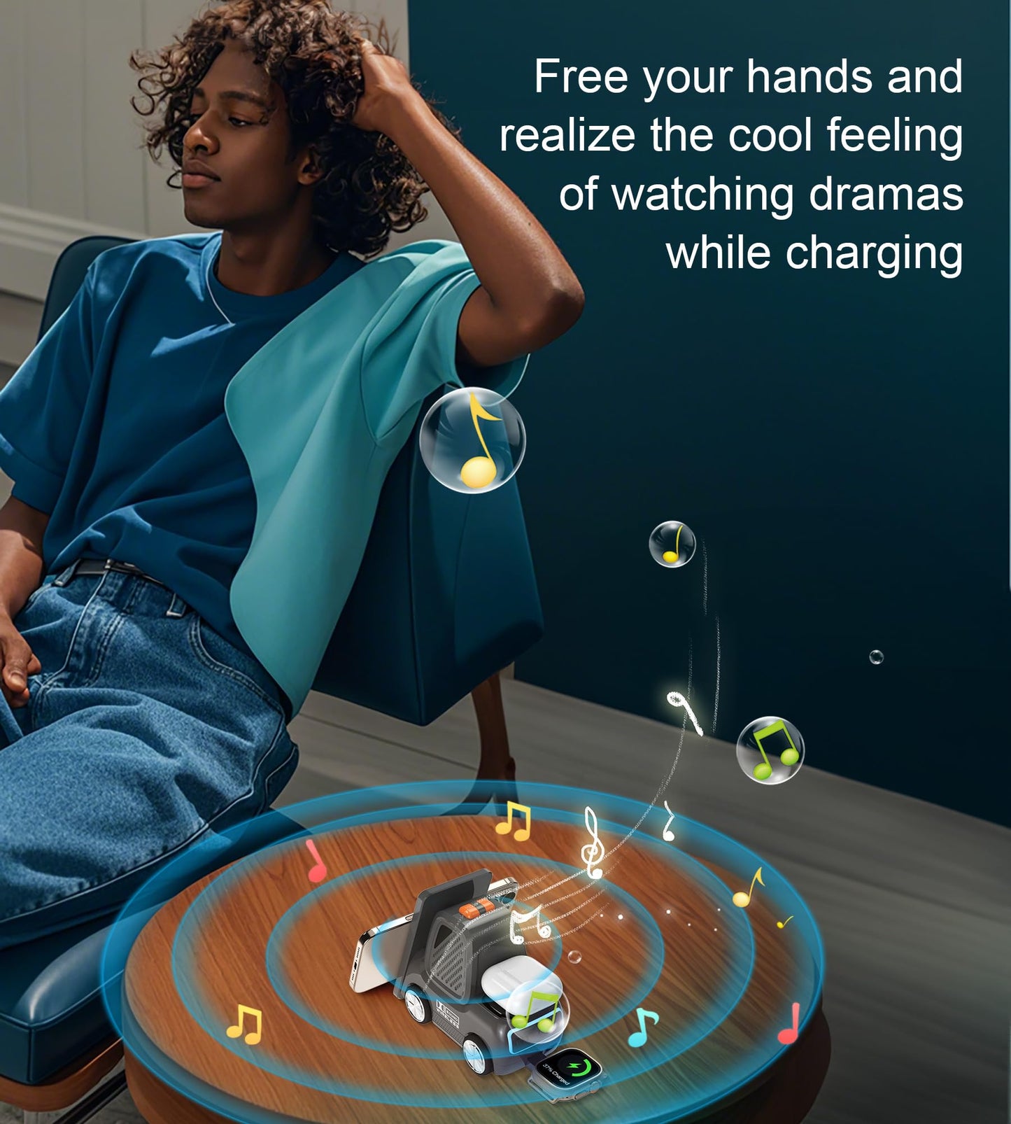 Forklift Wireless Charging Station with Bluetooth Speaker, 4 in 1 Wireless Fast Charger Multiple Devices, Compatible with iPhone16 15 14 13 Pro Max Series, Apple iWatch, Airpods, Android Phones