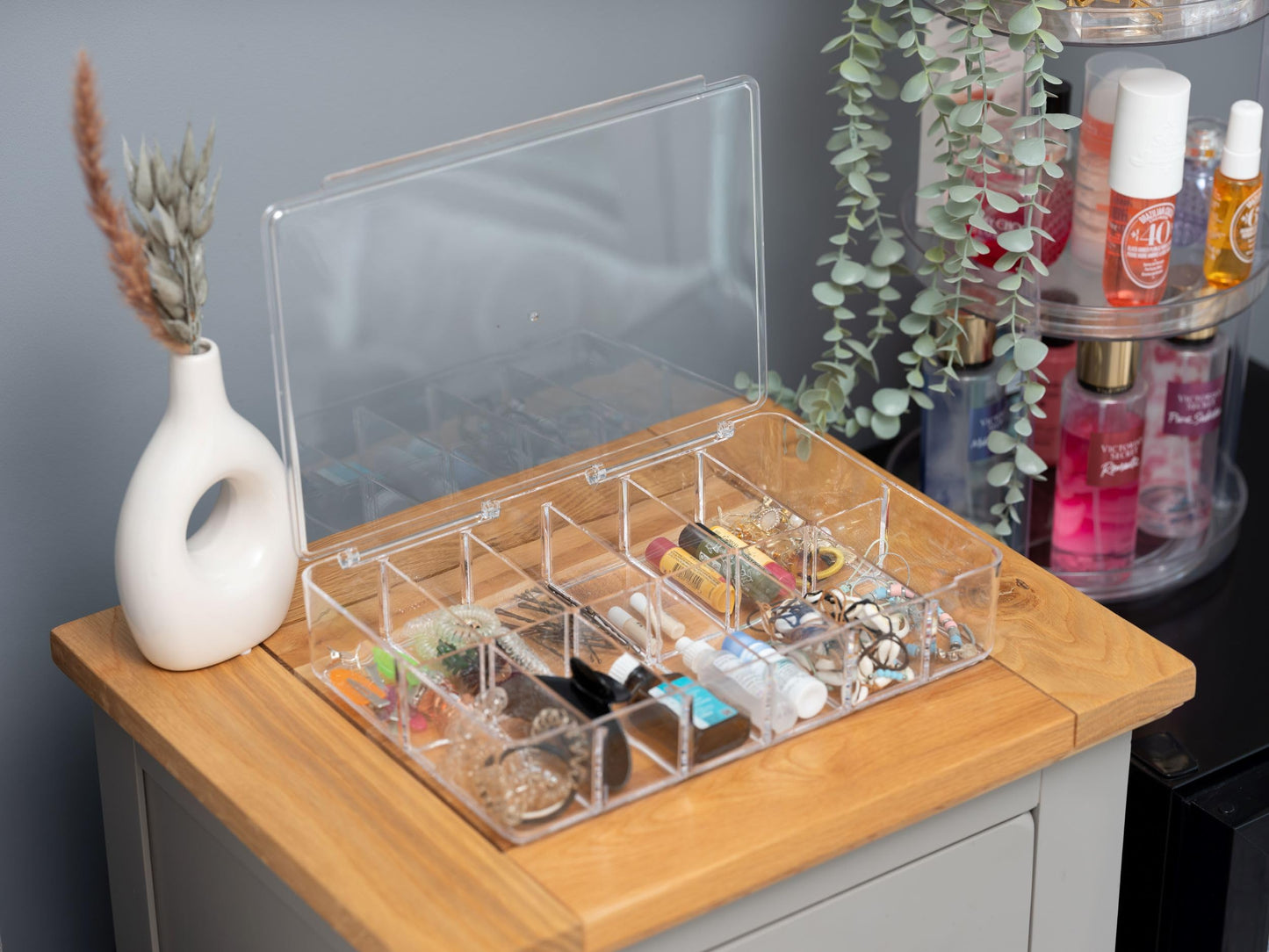 Addis Multi Compartment Clear Acrylic Make Up Cosmetic Craft Diy Storage Organiser Box With Lid, Clear Acrylic, 6.5 - Height