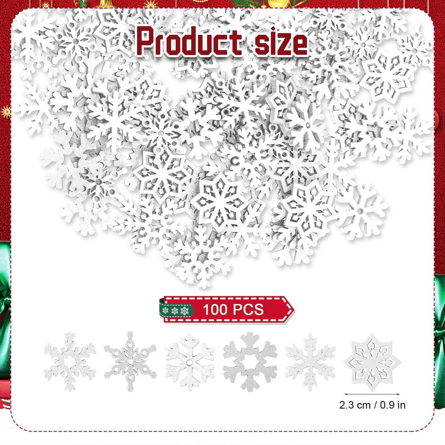 100pcs Mini Snowflake Ornaments, 0.9in Tiny Wooden Snowflakes Christmas Snowflake Decorations Snow Shaped Decors for DIY Craft Xmas Tree Winter Party Home Decoration (White)