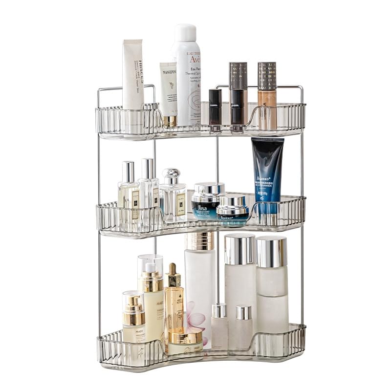 Grey Corner Vanity Organiser - 3 Tier Bathroom Counter Shelf for Makeup, Skincare, Toiletries & More