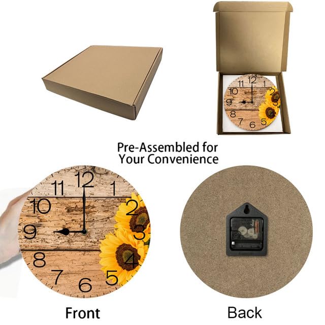 Geroclonup Sunflower Wooden Silent Non Ticking Clock 25cm, Round Wall Clock,Decorative for Living Room, Kitchen, Home,Bathroom, Bedroom, Office or School, Decor on Wood