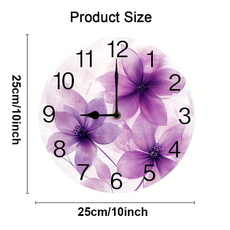 Geroclonup Round Wall Clocks Purple Flowers Wood Quartz Battery Operated Rustic Home Decor Handing Clocks for Living Room Kitchen Bedroom Bathroom Large Numbers Silent -25 cm