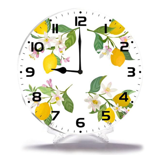Geroclonup Home Decor Watercolor Lemons Branch Leaves Flowers Round Wall Clock Silent Non-Ticking Battery Operated Clock 25cm Home Decor for Living Room, Bathroom, Bedroom, Kitchen