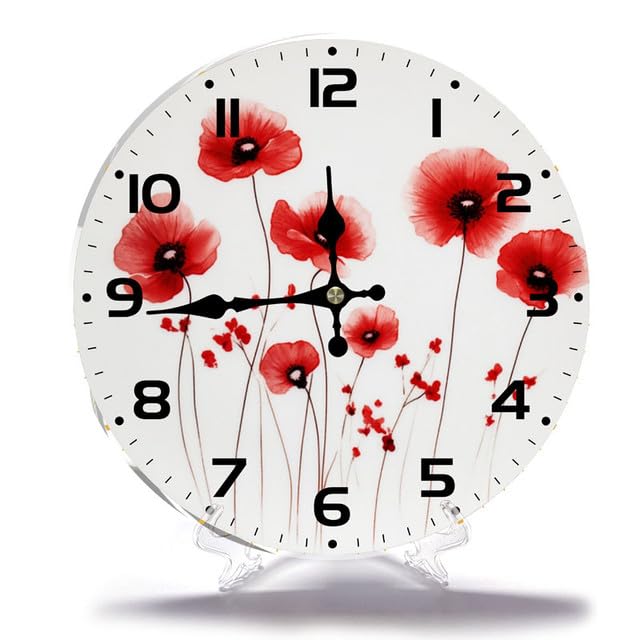 Geroclonup Home Decor Red Flower Wall Clock Hello Spring 25cm Round Wall Clocks Battery Operated Silent Shabby Chic Wall Decor Home Decor for Living Room Kitchen Bedroom Office