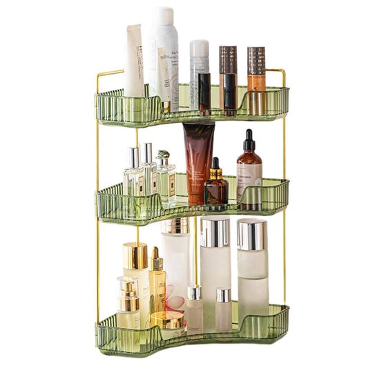 Corner Vanity Organiser - 3 Tier Green Bathroom Counter Shelf for Skincare, Makeup, Toiletries & Lotions