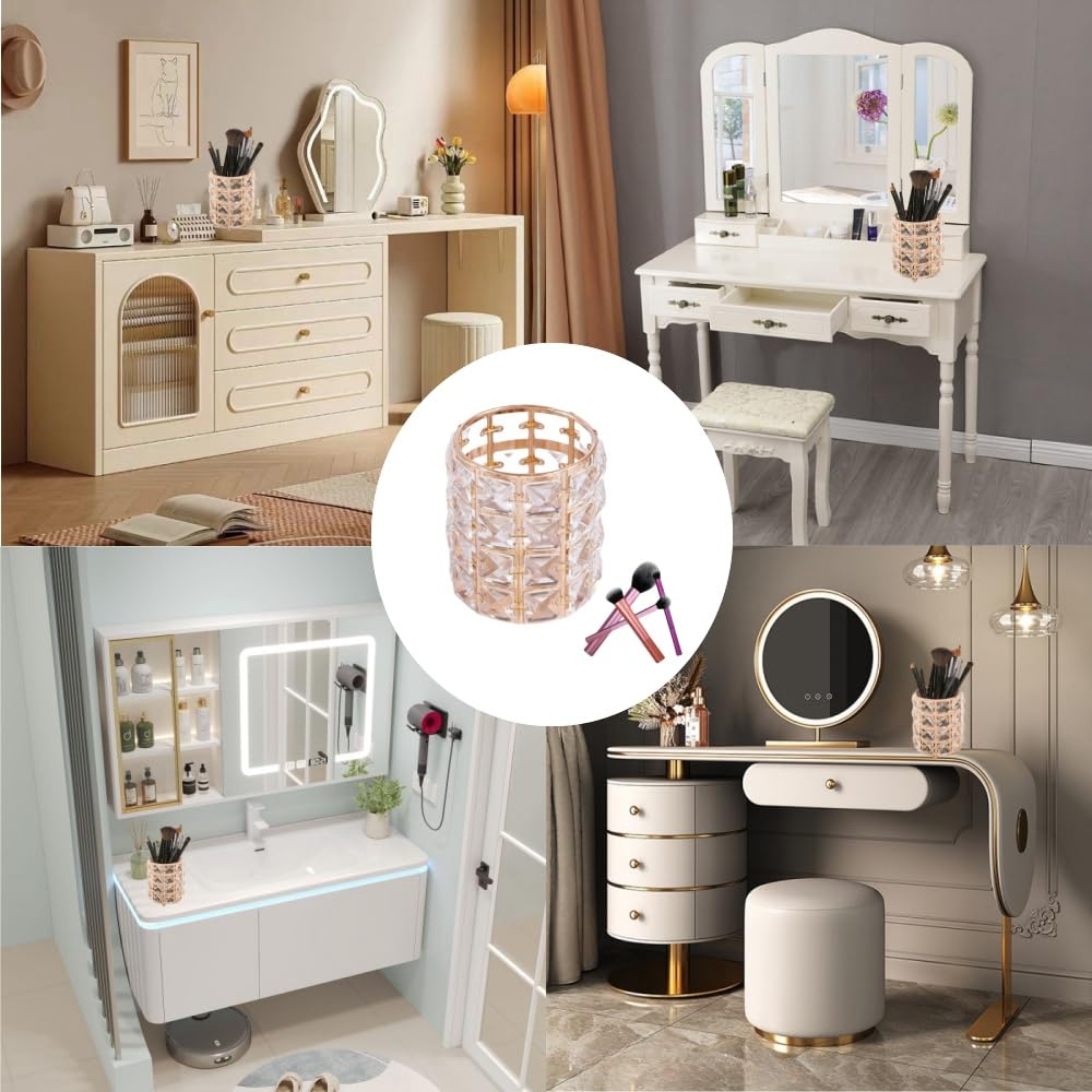 GYWHOOFT Crystal Makeup Organizer, Make Up Cosmetic Holder, Round Brush Organizer, Makeup Organizer Holder for Makeup Brushes, Pens, and Desk