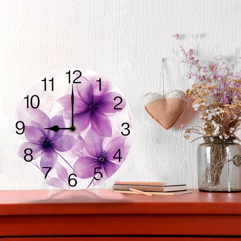 Geroclonup Round Wall Clocks Purple Flowers Wood Quartz Battery Operated Rustic Home Decor Handing Clocks for Living Room Kitchen Bedroom Bathroom Large Numbers Silent -25 cm