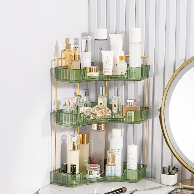 Corner Vanity Organiser - 3 Tier Green Bathroom Counter Shelf for Skincare, Makeup, Toiletries & Lotions