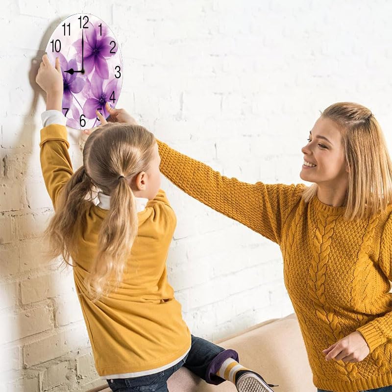 Geroclonup Round Wall Clocks Purple Flowers Wood Quartz Battery Operated Rustic Home Decor Handing Clocks for Living Room Kitchen Bedroom Bathroom Large Numbers Silent -25 cm