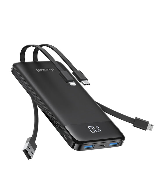 Charmast Portable Charger,10000mAh Power Bank with Built in 4 Cables,6 Outputs 3 Inputs Travel Essential USB C Battery Pack compatible with iPhone iPad Phones