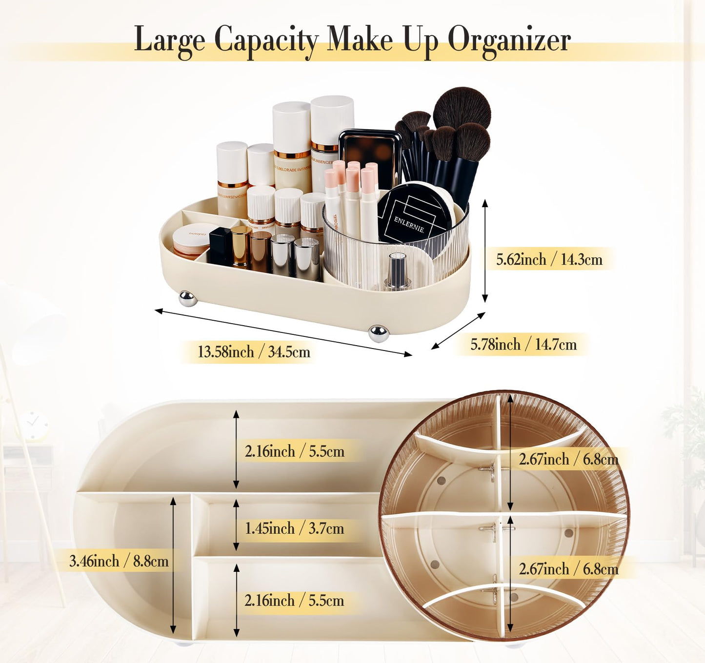 adorbox Make up Organiser, 360° Rotating Makeup Organiser, Rotating Compartment 2 In 1 Makeup Perfume Organiser for Makeup Table, Dresser, Bathroom, Bedroom, Desk (Off white)