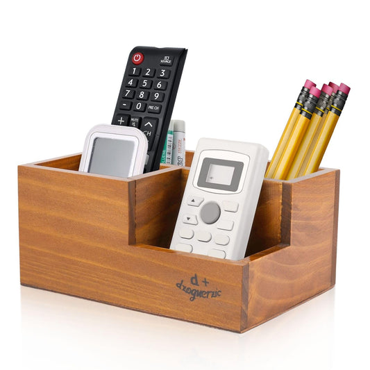 Flexzion Rustic Wooden Pencil Holder for Office - 3 Slots - Desk and Table Storage Organizer - Multifunctional Remote Control Holder for Home, School and Office