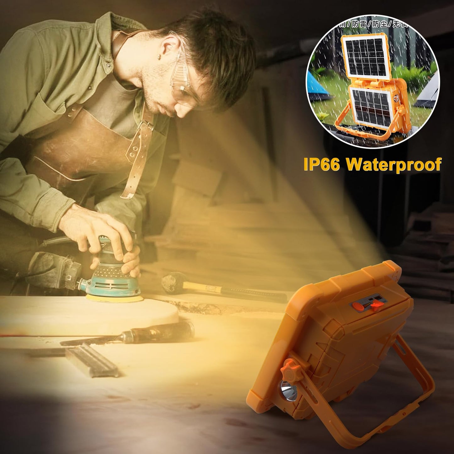 100W Double Solar Portable Work Light, 288 LEDs Rechargeable FloodLights Outdoor with Stand, 4 Light Modes, 12000mAH 10000LM Power Bank Waterproof Spotlight for Repairing, Emergency, Camping