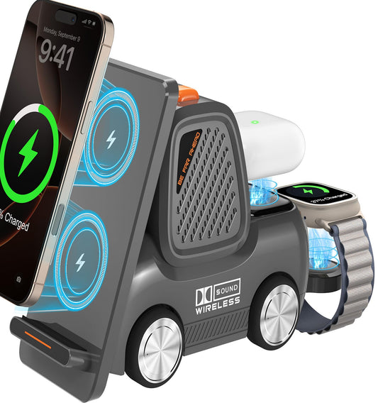 Forklift Wireless Charging Station with Bluetooth Speaker, 4 in 1 Wireless Fast Charger Multiple Devices, Compatible with iPhone16 15 14 13 Pro Max Series, Apple iWatch, Airpods, Android Phones