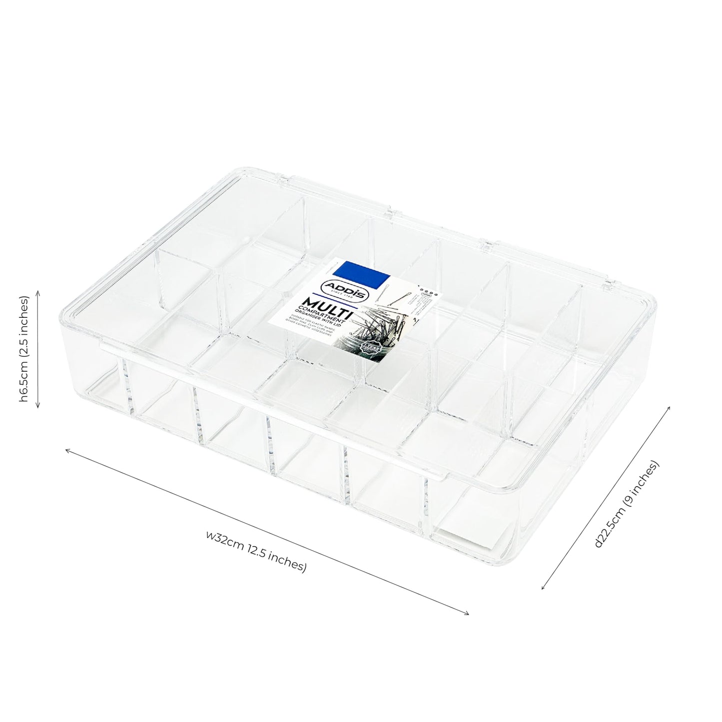 Addis Multi Compartment Clear Acrylic Make Up Cosmetic Craft Diy Storage Organiser Box With Lid, Clear Acrylic, 6.5 - Height