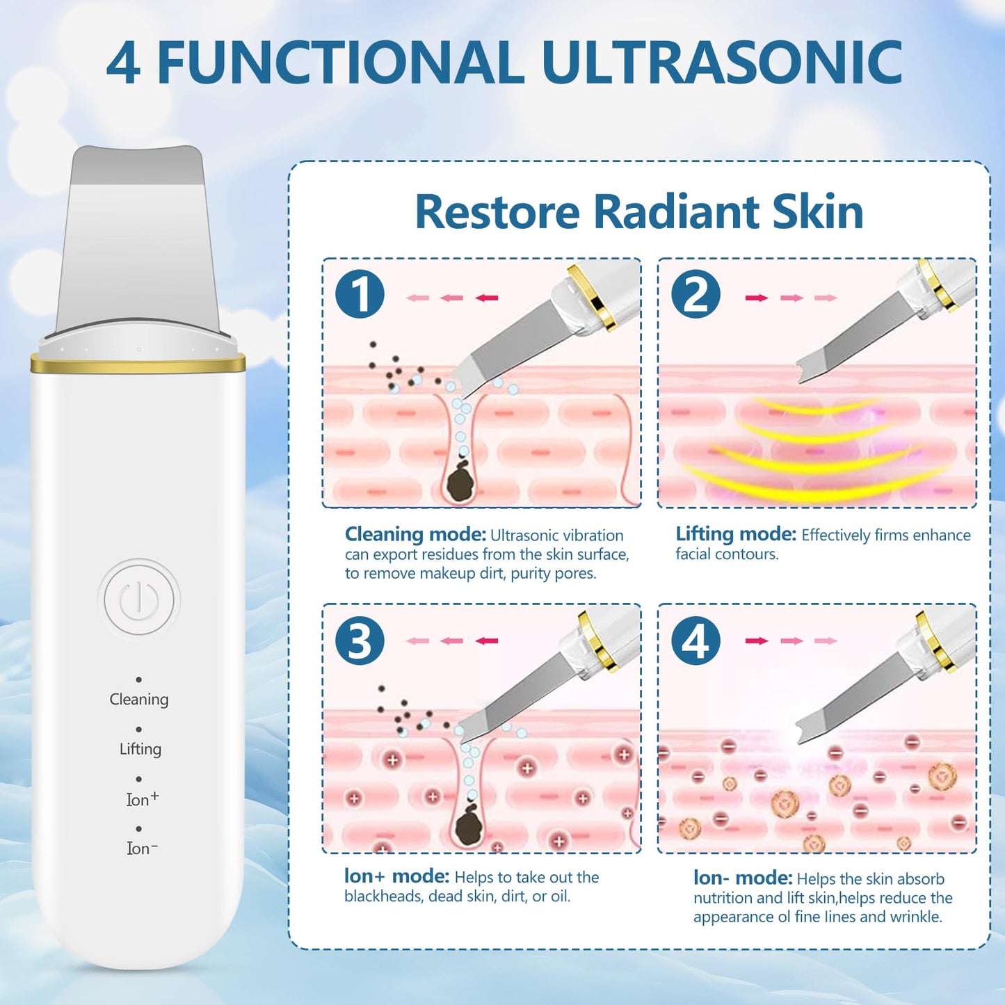 ACWOO Skin Scrubber, Ultrasonic Skin Spatula Blackhead Remover Pore Cleaner with 4 Modes, USB Rechargeabl Comedones Extractor, Skin Care Tools for Facial Deep Cleansing - 2 Silicone Covers Included