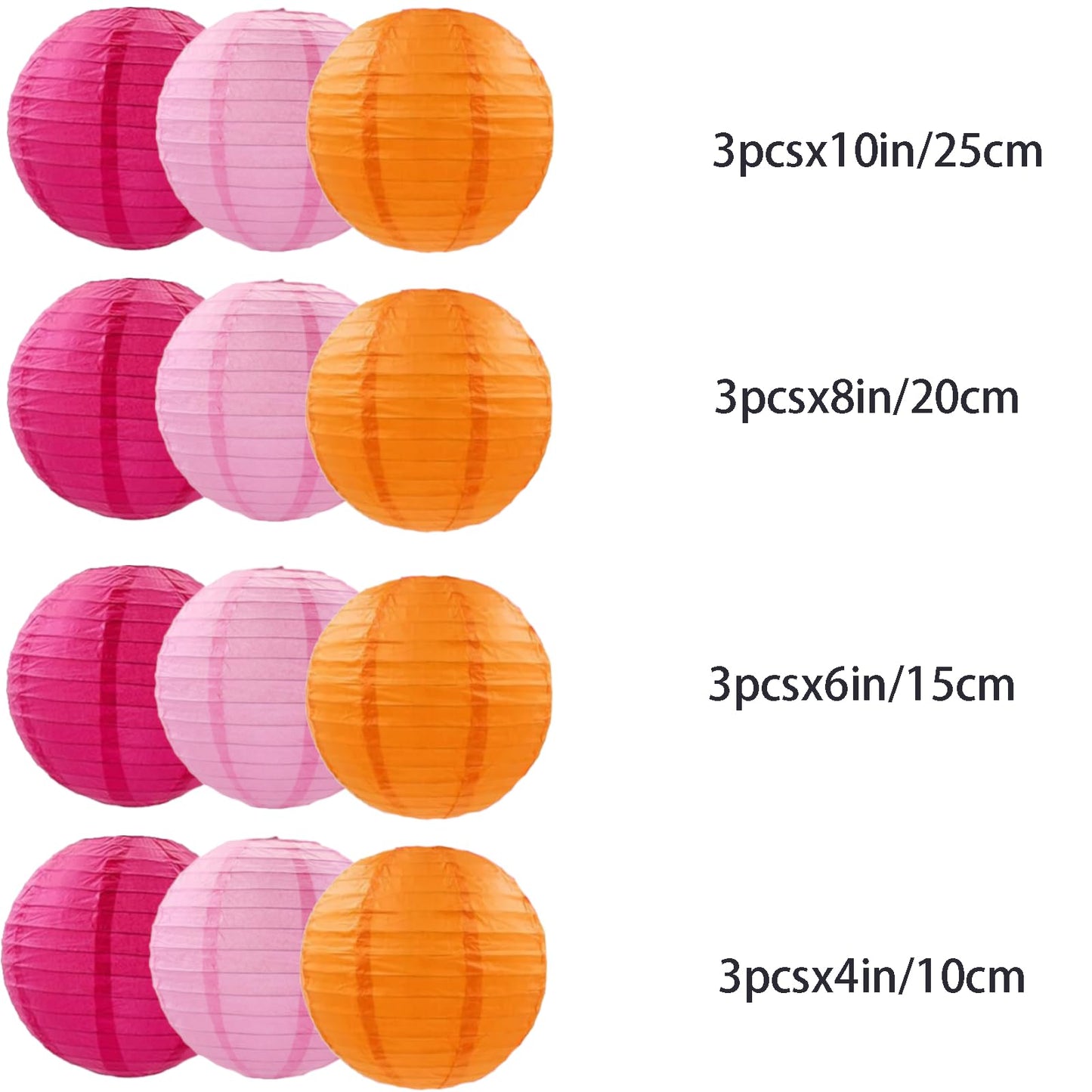 12pcs Hot Pink and Orange Paper Lanterns,Lanterns Round Paper Lanterns for Birthday,Wedding,Baby Shower Party Ceiling Decoration