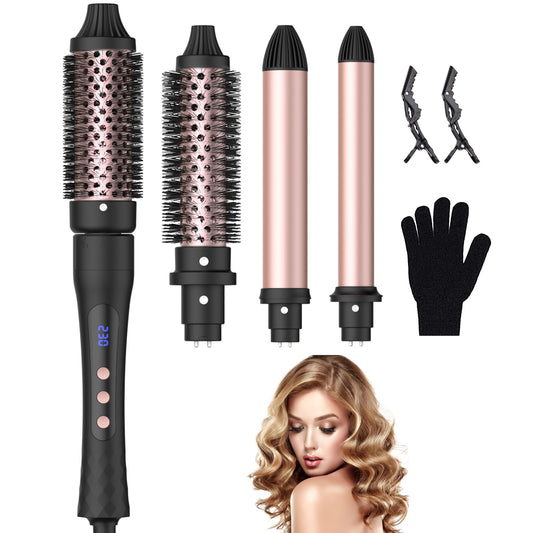 4 in 1 Thermal Brush Curling Iron Set, 25mm & 32mm Curling Wand Set and 32mm & 38mm Thermal Brush Hair Tool, 14 Temp Heating Setting Thermal Round Brush, Interchangeable Hair Curler 110-240V