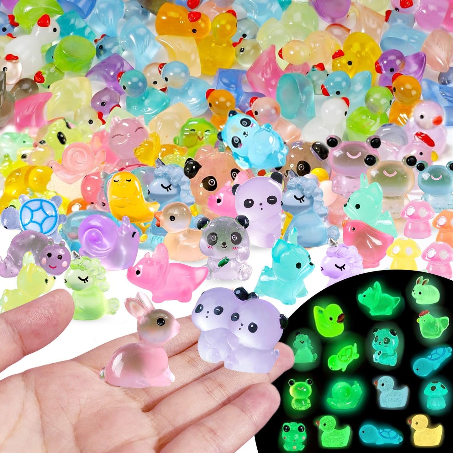 136PCS Mini Luminous Resin Animals, Cute Tiny Small Resin Animals Little Plastic Animal Figurines Small Ducks Bulk Glow in the Dark for Fairy Garden Dollhouse Plant Decorations