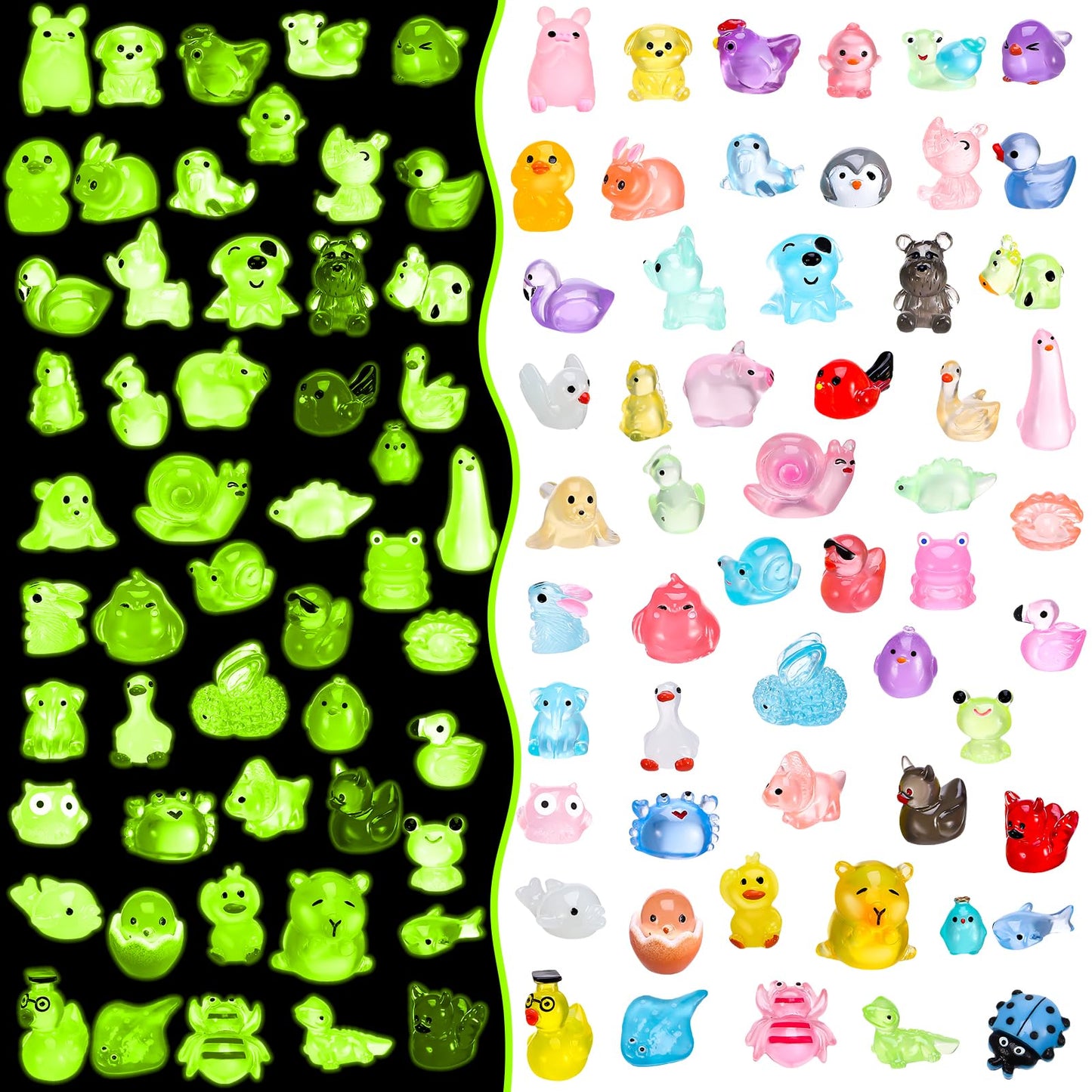 55PCS Mini Resin Animals, 55 Styles Glow in The Dark Mini Animals Luminous Resin Animal Tiny Small Animal Miniature Figures for Garden Dollhouse Decor