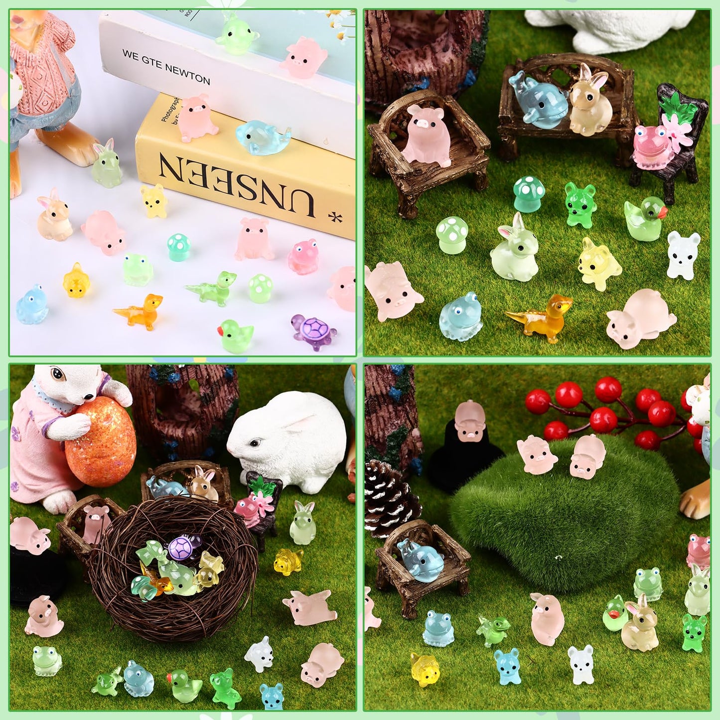 150 Pcs Mini Resin Animals Luminous Mini Animals Luminous Mini Resin Animals Glow in The Dark Figurines Mini Ducks Frogs Rabbits Turtle Lizard Tiny Toy Animal for Landscape Garden Dollhouse Decoration